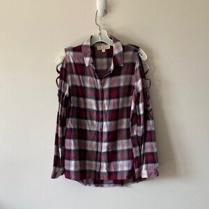 Pink Rose Burgundy and Gray Plaid Cold-Shoulder Button-Down Shirt